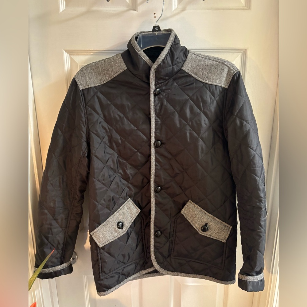 Alan Flusser Men’s Black Quilted Gorpcore Jacket with Gray Tweed Trim, Sz M